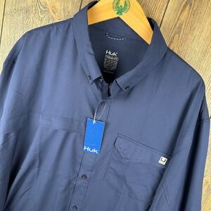 Huk Tide Point Long Sleeve Button Up Fishing Shirt Navy Blue NWT Mens Size XXL